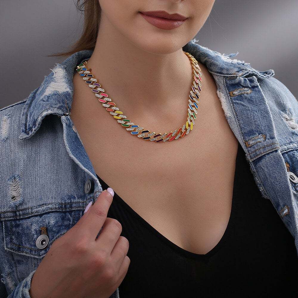 12mm Colorful Cuban Link Chain Gold Plated Necklace and Bracelet Set-silviax