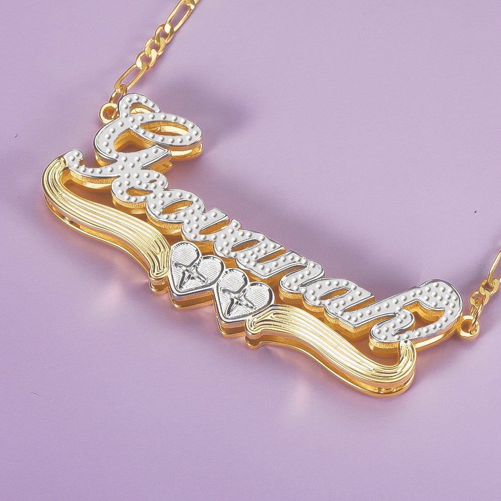 Two Tone Double Plate Gold Plated Personalized Two Heart 3D Name Necklace-silviax
