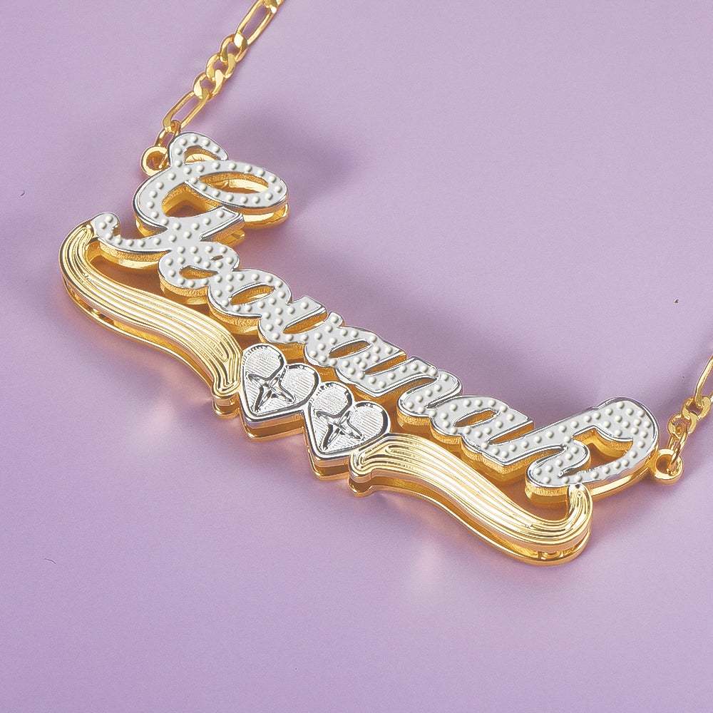 Two Tone Double Plate Gold Plated Personalized Two Heart 3D Name Necklace-silviax
