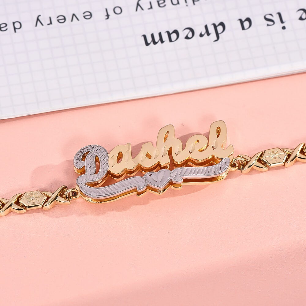 Double Layer Two Tone Nameplate with Heart XOXO Chain Personalized Custom Gold Plated Name Bracelet-silviax