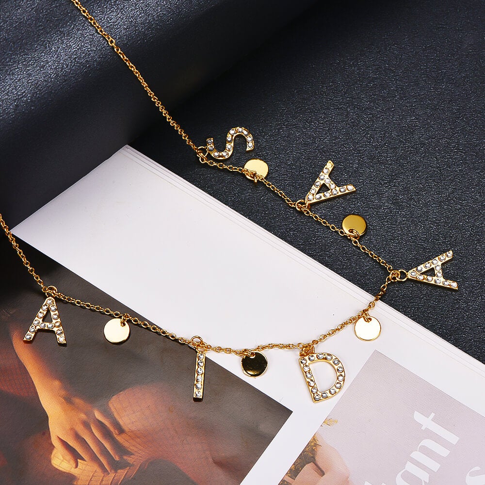 Inlaid Zircon Initial Necklace With Round Plate Personalized Custom Gold Plated Name Necklace-silviax