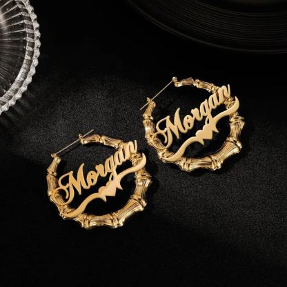 Bamboo Heart Gold Plated Personalized Custom Name Earrings-silviax