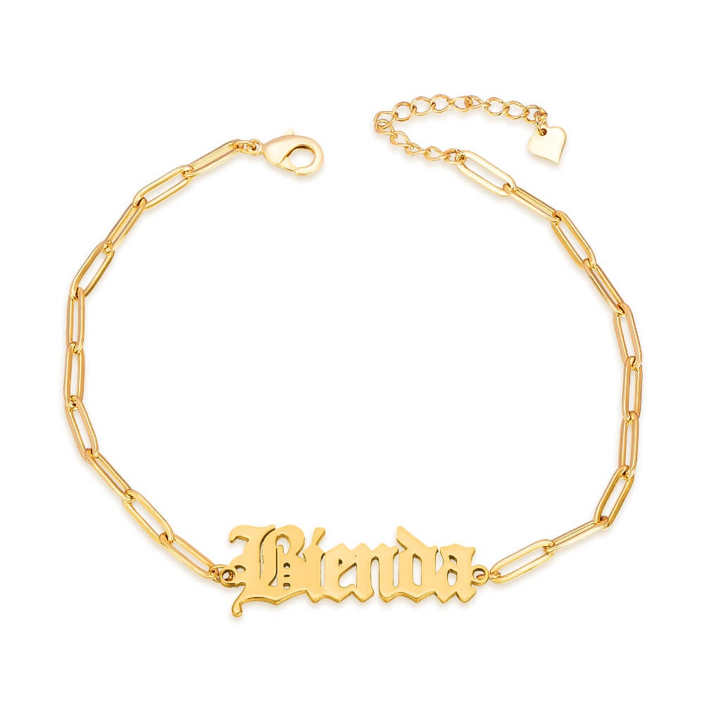 Old English Font With Lattice Chain Personalized Custom Gold Plated Name Bracelet-silviax