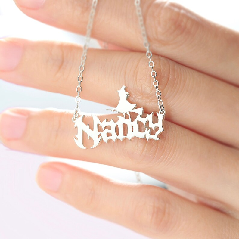 Halloween Personalized Custom Gold Plated Witch Name Necklace