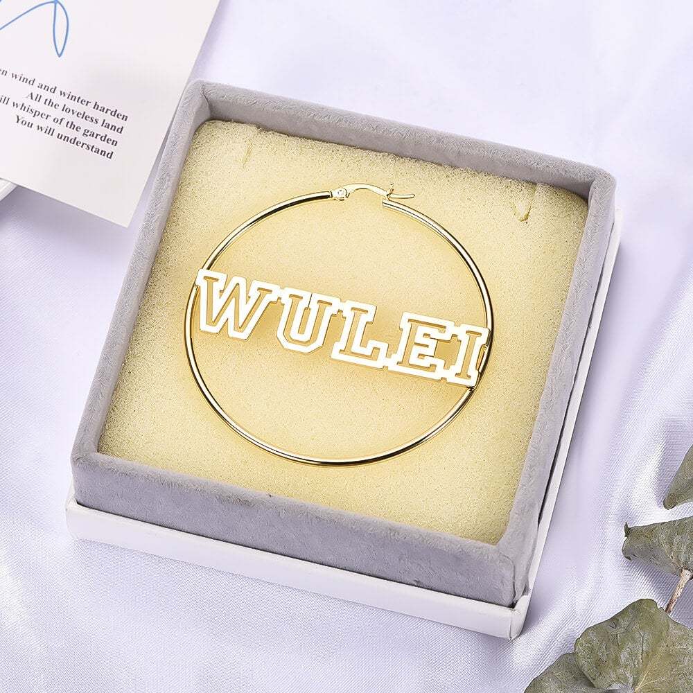 Hollow Capital Letter Name 60mm Personalized Custom Gold Plated Hoop Earrings-silviax