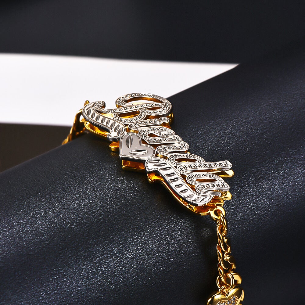 Double Layer Two Tone Heart Nameplate Cuban Chain With Heart Personalized Custom Name Bracelet-silviax