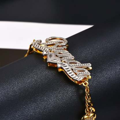 Double Layer Two Tone Heart Nameplate Cuban Chain With Heart Personalized Custom Name Bracelet-silviax