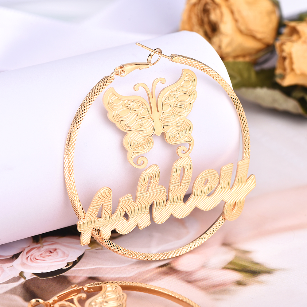 Butterfly Nameplate Hoop Earrings Personalised Custom Gold Plated Name Earrings Women Earrings-silviax