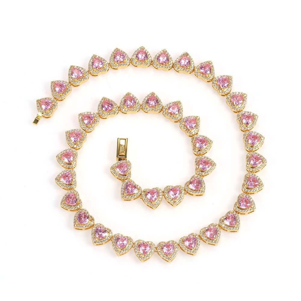 10mm Pink Heart Shaped Zircon Chain Gold Plated Necklace Hip Hop Style Jewelry-silviax