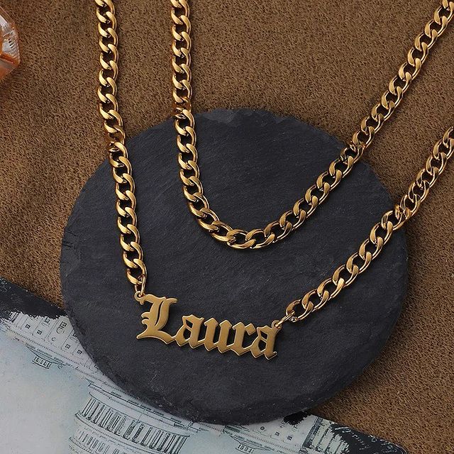 Double Layer Cuban Chain With Old English Font Nameplate Pendant Personalized Custom Gold Plated Name Necklace-silviax