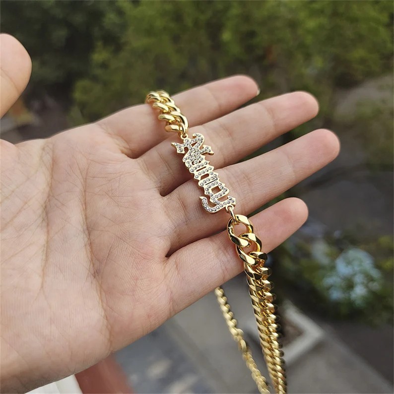 Cuban Chain Personalized Custom Zirconia Nameplate Chocker Gold Plated Name Necklace-silviax