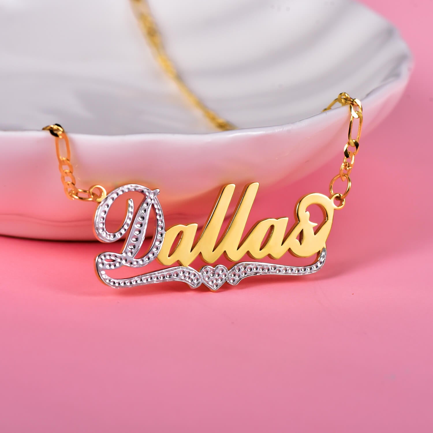 Gold Plated Two Tone Personalized Name Necklace with Heart-silviax
