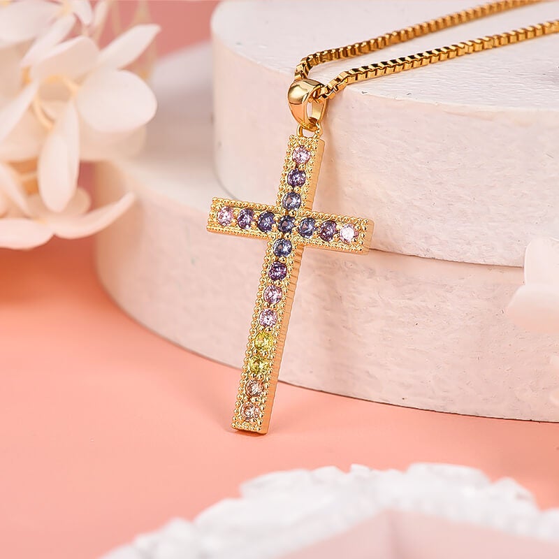 Colored Zircon Cross Pendant Necklace Gold Plated-silviax
