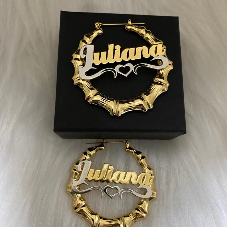 Two Tone Bamboo Earrings with Hollow Heart Personalized Custom Gold Plated Name Earrings-silviax
