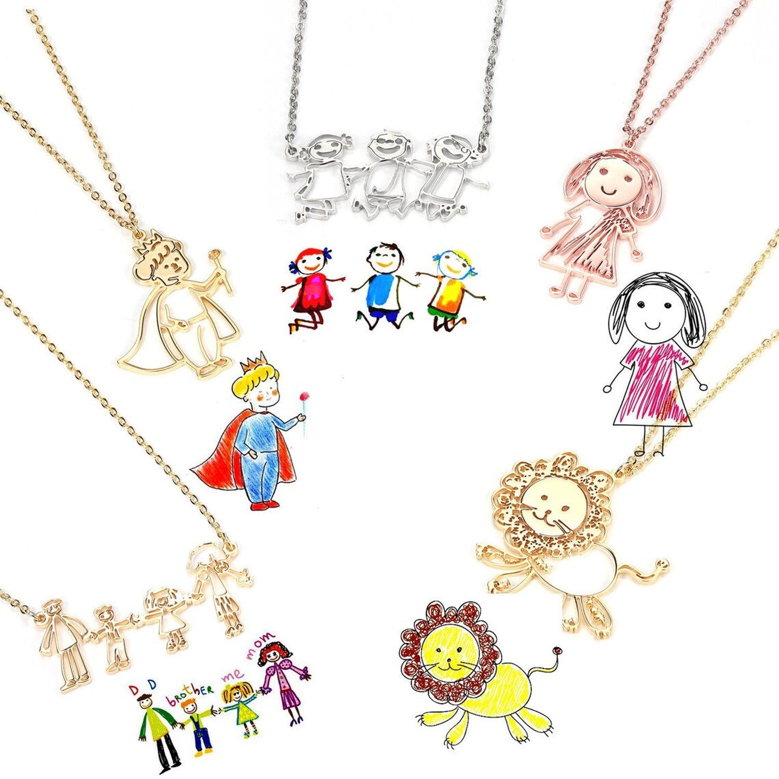 Actual Kids Drawing Personalized Custom Gold Plated Handwriting Necklace-silviax