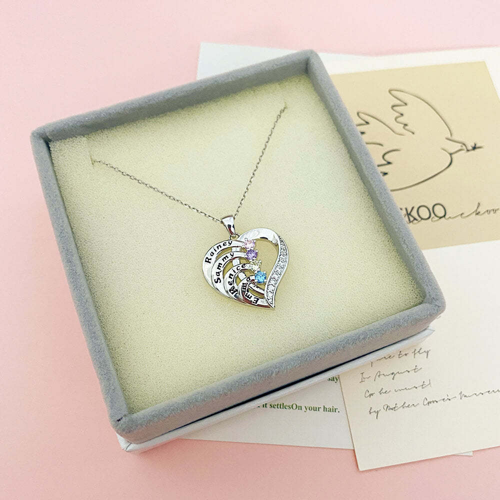 2 To 4 Names With Birthstones Heart Pendant Personalized Custom Family Necklace-silviax