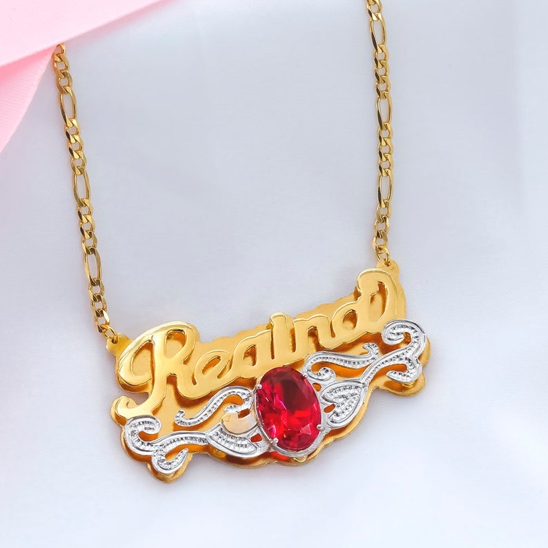 Double Plate with Birthstone Personalized Custom Name Necklace Gold Plated-silviax