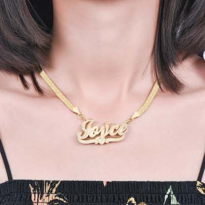 Double Layer Nameplate With Heart Pendant Personalized Custom Gold Plated Name Necklace Snake Chain-silviax