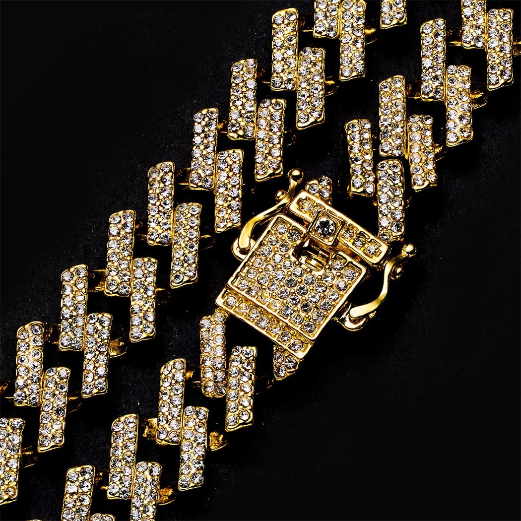 13mm Cuban Link Chain Iced Out Bling Hip Hop Prong Necklace Gold Plated Rhinestone Clasp Jewelry for Men Women-silviax