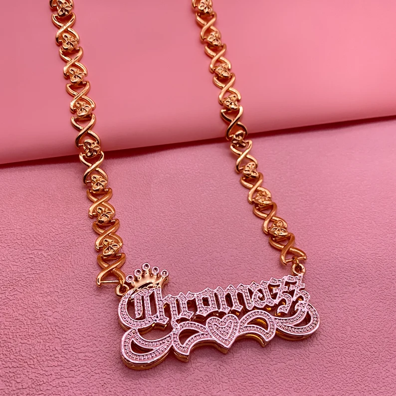 Double Layer Two Tone Nameplate Crown Heart with XOXO Chain Personalized Custom Gold Plated 3D Name Necklace