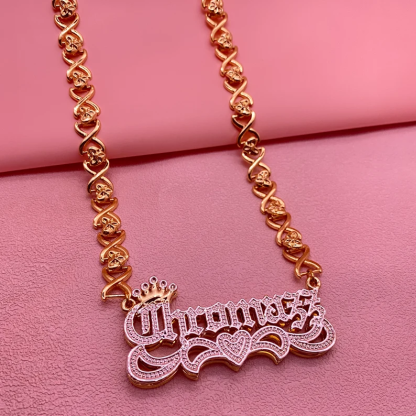 Double Layer Two Tone Nameplate Crown Heart with XOXO Chain Custom 3D Name Necklace-silviax