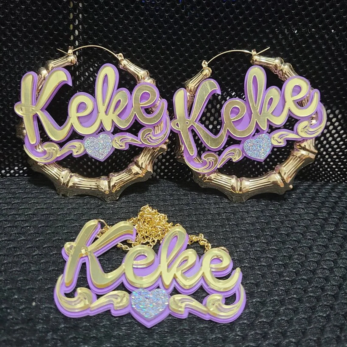 Purple Color Acrylic Jewelry Set Personalized Custom Name Necklace Bamboo Hoop Earrings Set