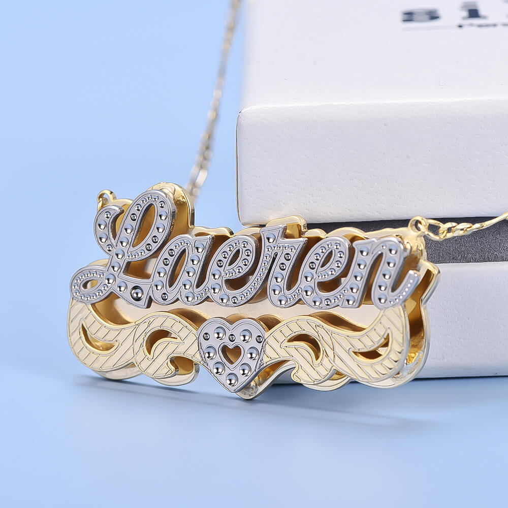 Double Plate Two Tone Nameplate Hollow Heart Personalized Custom Gold Plated Name Necklace-silviax