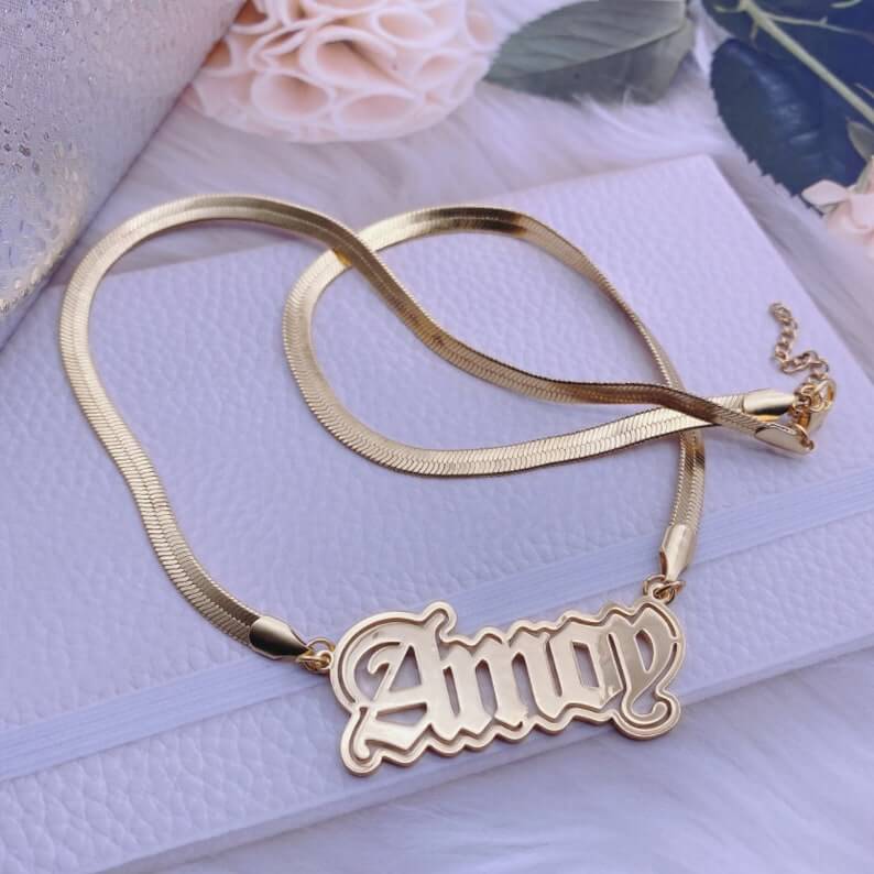 Old English Font Nameplate With Outer Border Personalized Custom Gold Plated Snake Chain Name Neckalce-silviax