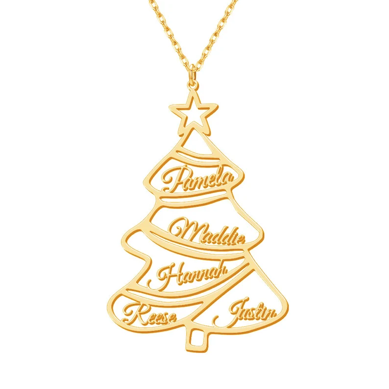 5 Names Christmas Tree Gold Plated Personalized Custom Nameplate Pendant Name Necklace Chirstmas Gift