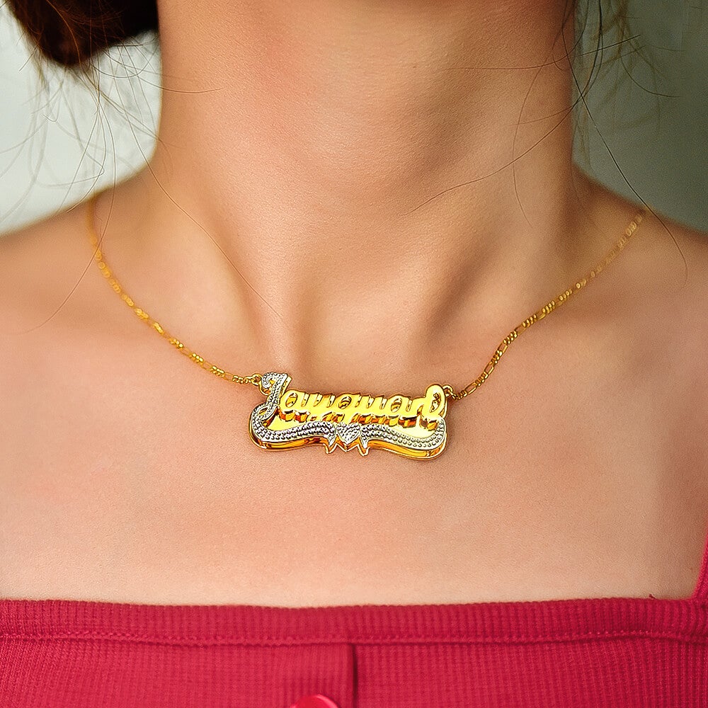 Double Layer Two Tone Gold Plated Personalized Custom Name Necklace with Heart-silviax