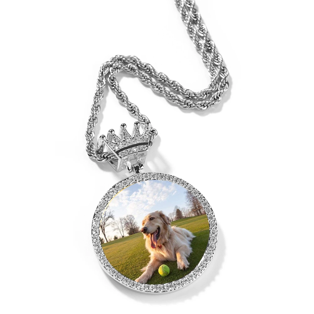 Crown Clasp Medallions Custom Photo Memory Circular Pendant Necklace Gold Plated Necklace-silviax