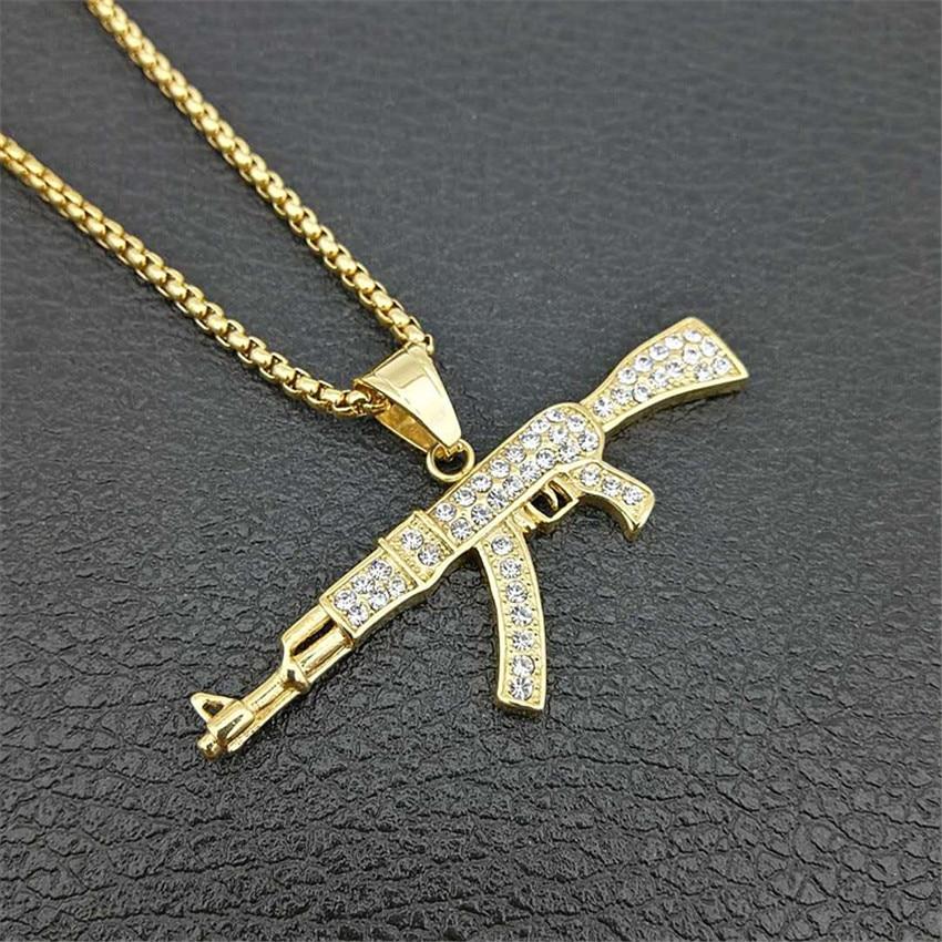 Hip Hop Iced Out Rhinestones Gold Plated AK47 Gun Pendant  Necklace-silviax
