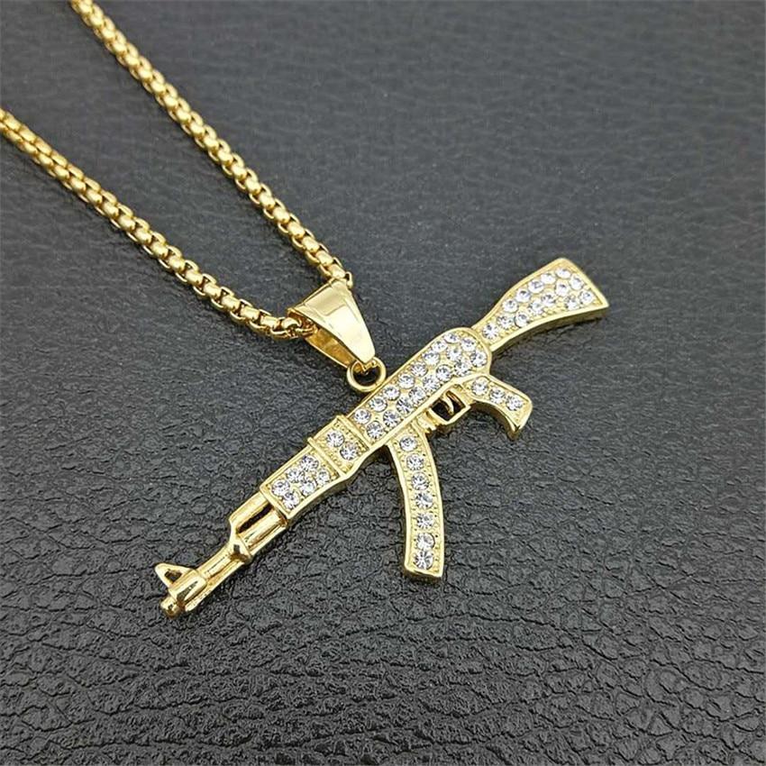 Hip Hop Iced Out Rhinestones Gold Plated AK47 Gun Pendant Necklace-silviax