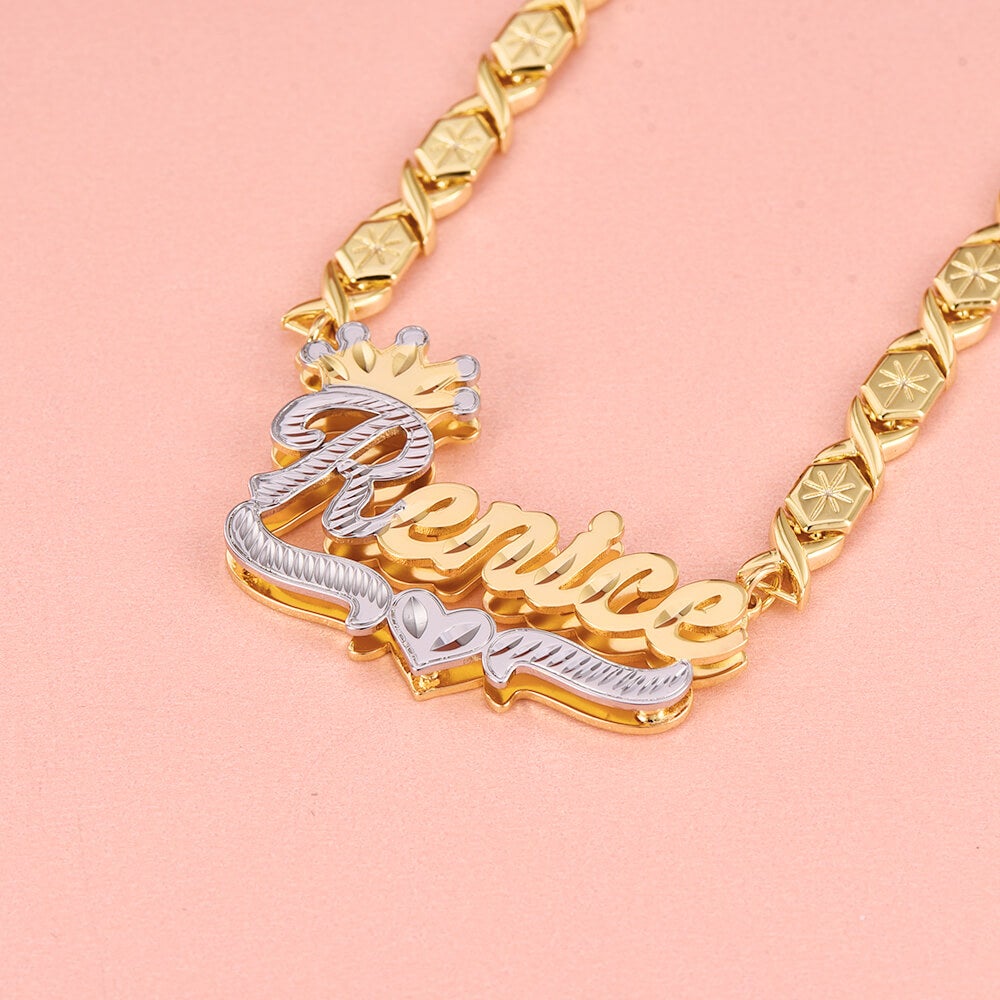 Double Layer Two Tone Crown xoxo Chain Personalized Custom Gold Plated Name Necklace-silviax