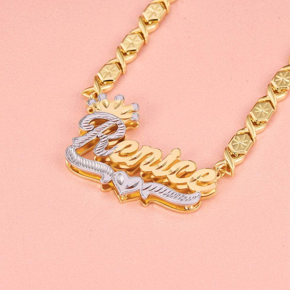 Double Layer Two Tone Crown xoxo Chain Personalized Custom Gold Plated Name Necklace-silviax