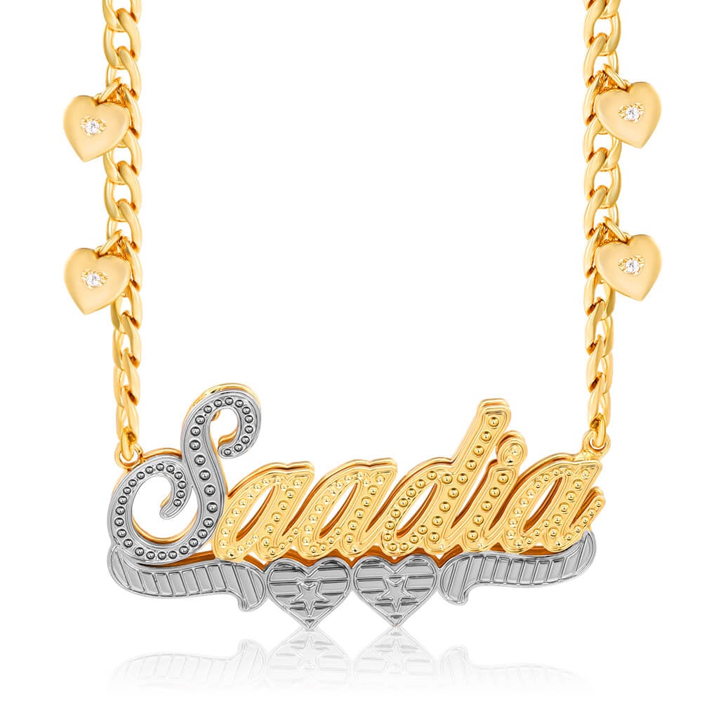 Double Layer Two Tone Two Hearts Cuban Chain With Heart Personalized Custom Gold Plated Name Necklace-silviax