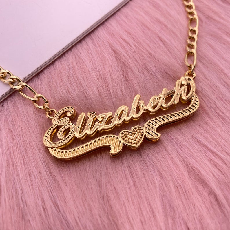 Double Layer Nameplate with Heart Personalized Custom Gold Plated 3D Name Necklace-silviax