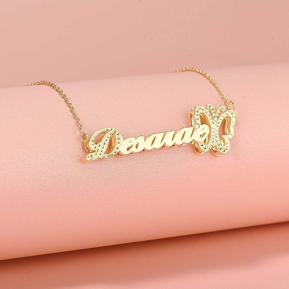 Double Layer with Butterfly Personalized Custom 3D Name Necklace Gold Plated Jewelry-silviax