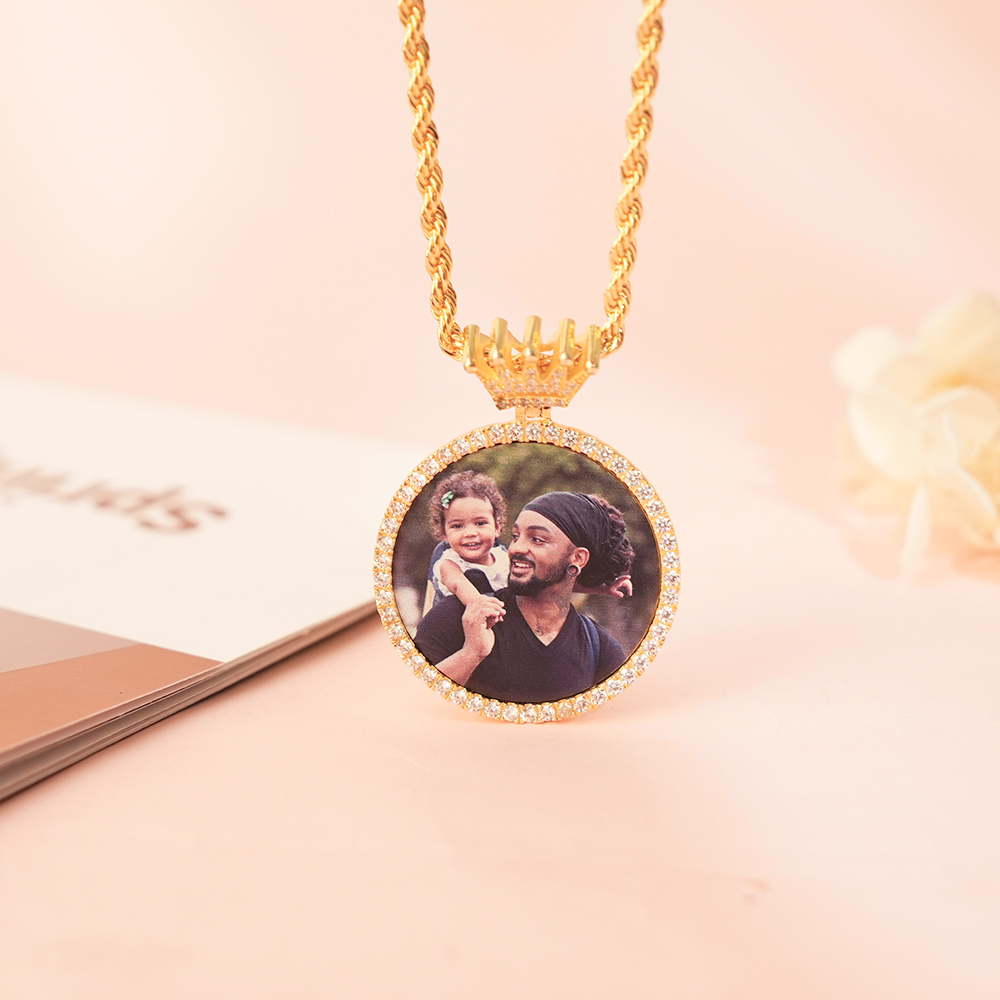Crown Clasp Medallions Custom Photo Memory Circular Pendant Necklace Gold Plated Necklace-silviax