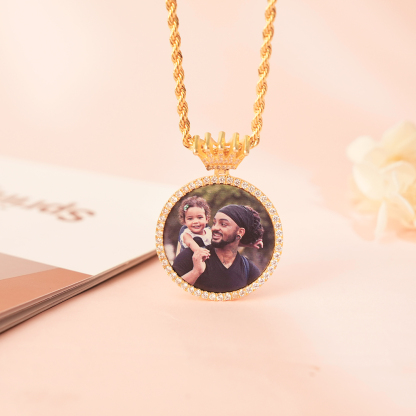 Crown Clasp Medallions Custom Photo Memory Circular Pendant Necklace Gold Plated Necklace-silviax