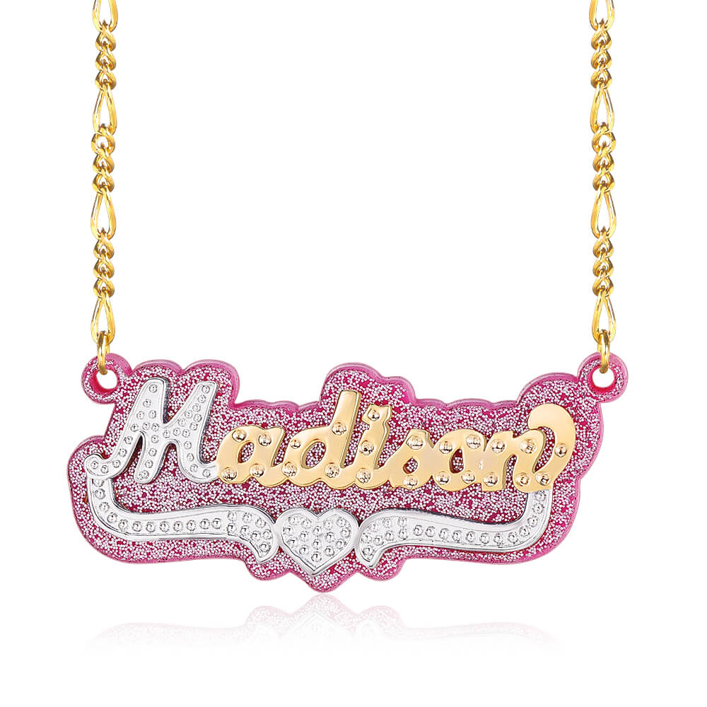 Double Layer Pink Acrylic Two Tone Custom Gold Plated Name Necklace with Heart-silviax