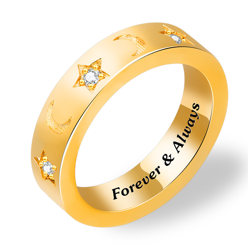 Moon And Inlaid Zircon Star Pattern Gold Plated Personalized Custom Engraved Ring-silviax