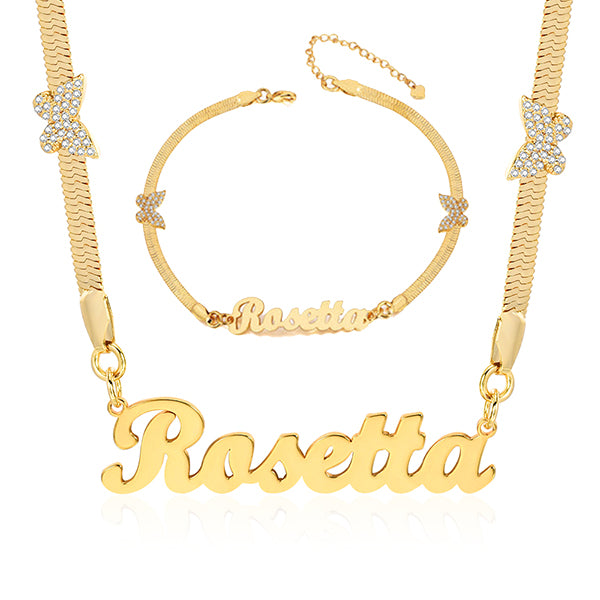 Snake Chain with Butterfly Gold Plated Personalized Custom Name Necklace and Bracelet Set-silviax