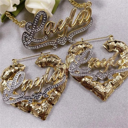 Personalized Double Layer Two Tone with Heart Name Necklace and Heart Shaped Bamboo Earrings Set-silviax