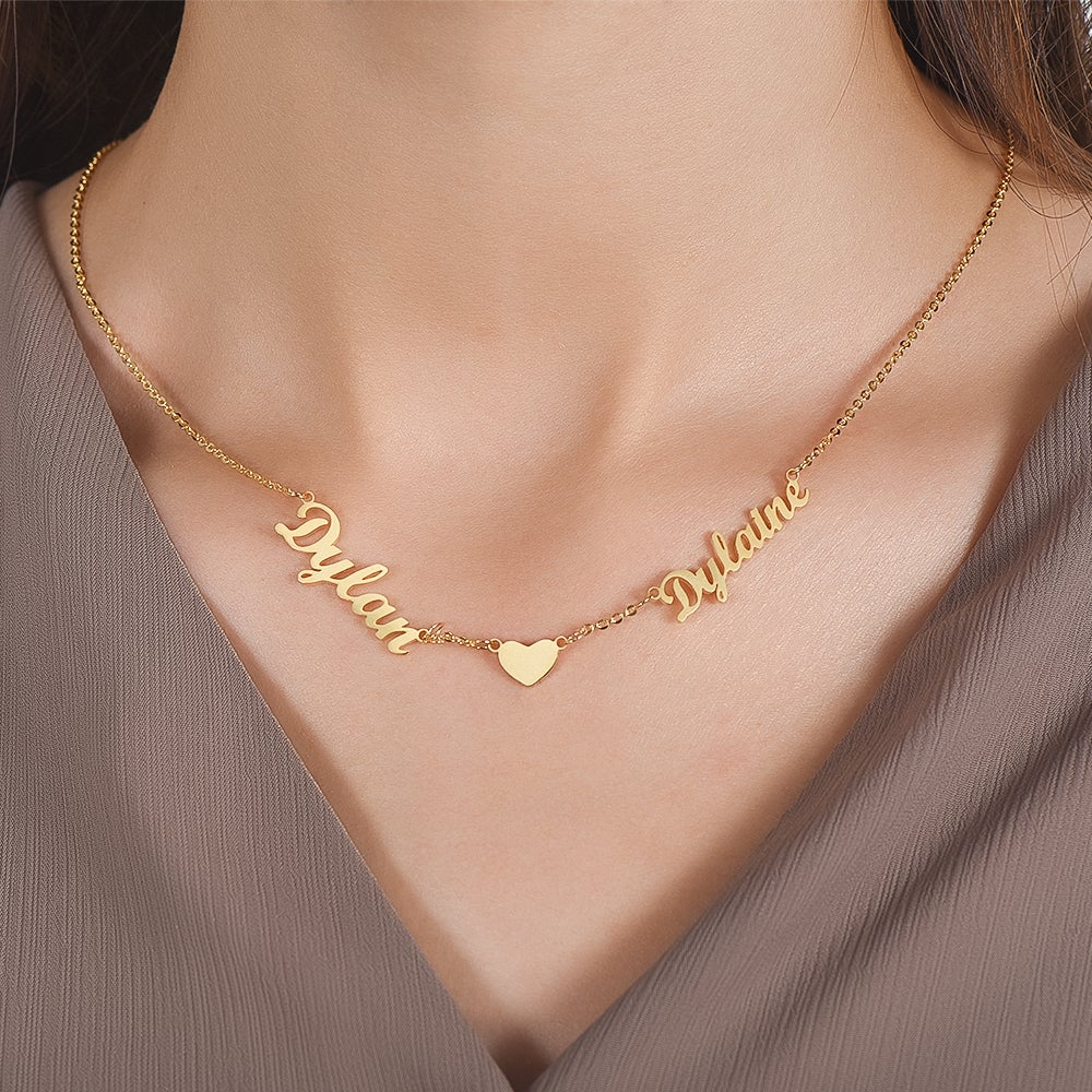 Gold Plated Personalized Two Names Necklace with Heart-silviax