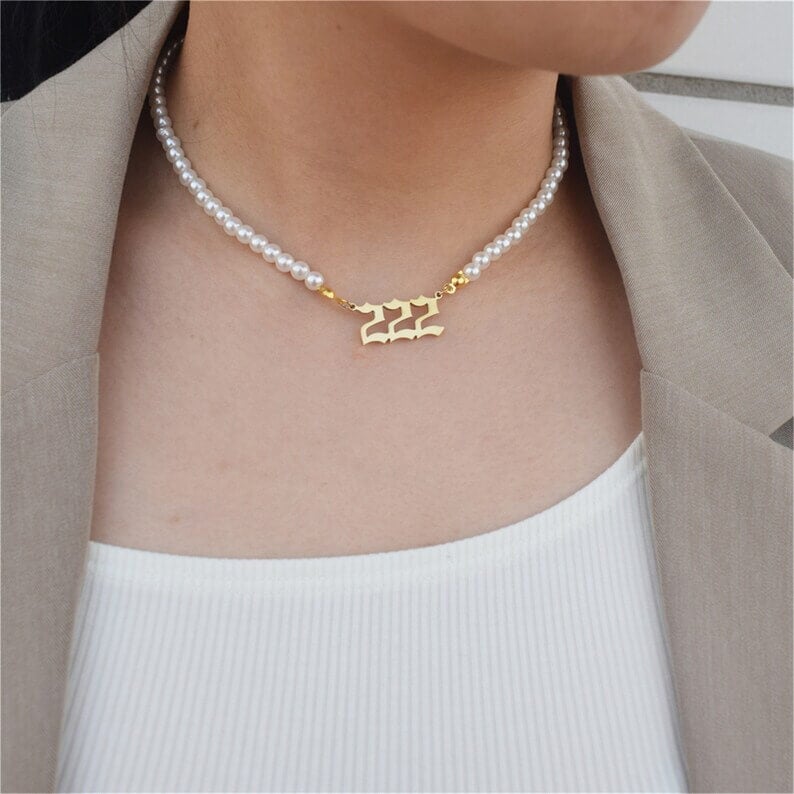 Pearl Chain Lucky Number Birth Year Necklace Personalized Custom Gold Plated-silviax