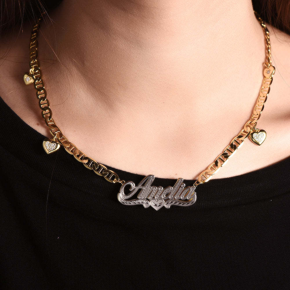 Mariner Chain with Heart Personalized Double Layer Heart Name Necklace-silviax