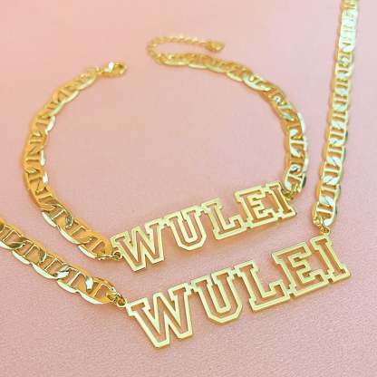 Hollow Letter Name Plate Personalized Custom Gold Plated Name Necklace And Bracelet Set-silviax