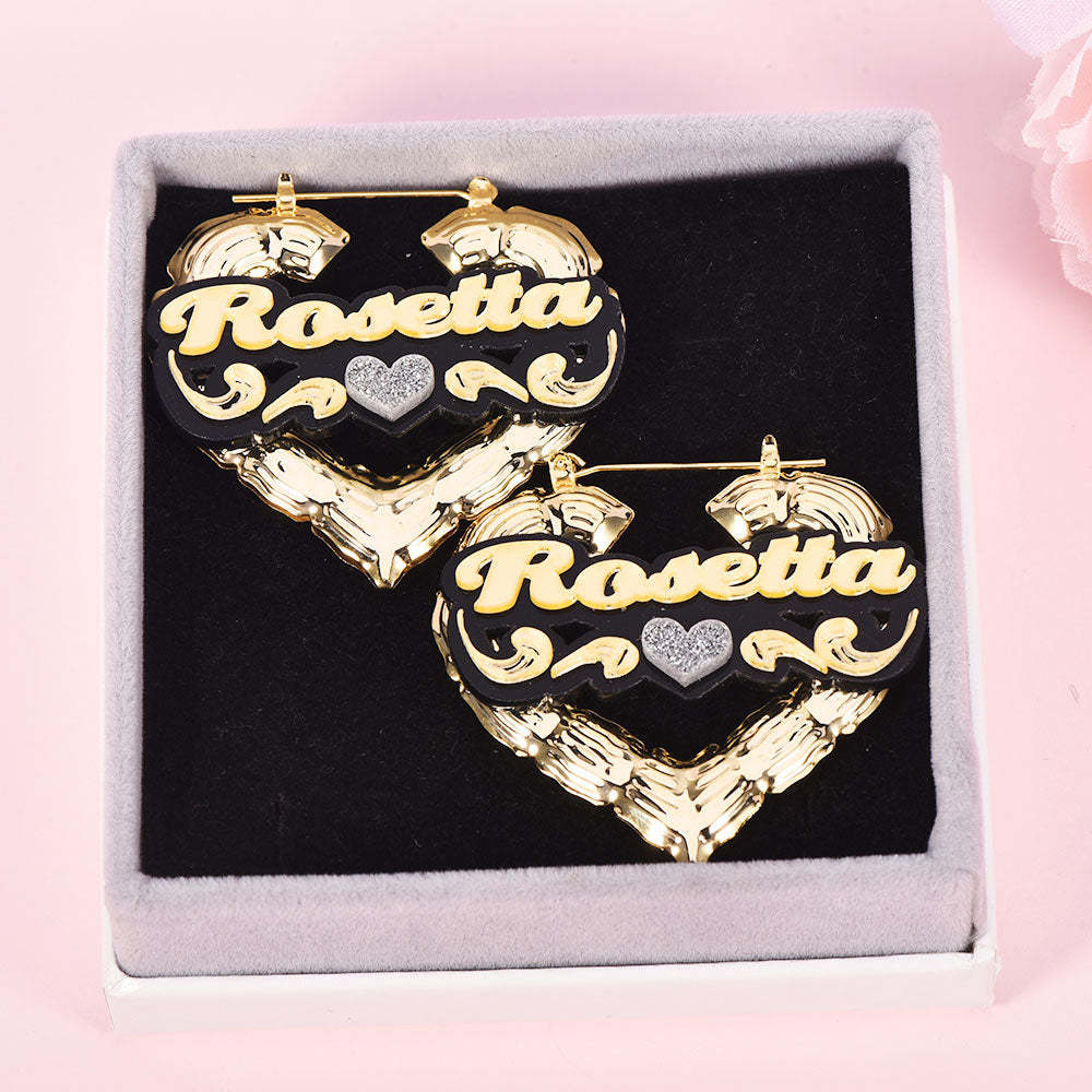 Heart Shaped Two Tone Acrylic Earrings with Heart Personalized Custom Bamboo Name Earrings-silviax
