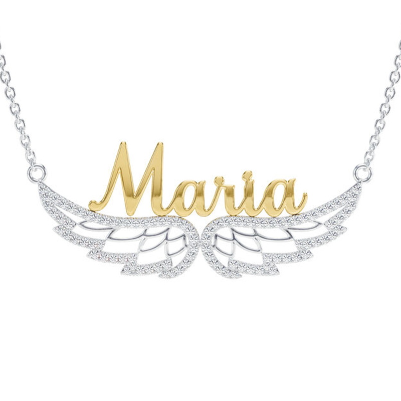 Personalized Custom Gold Plated Nameplate Necklace with Angel Wings Women Gift